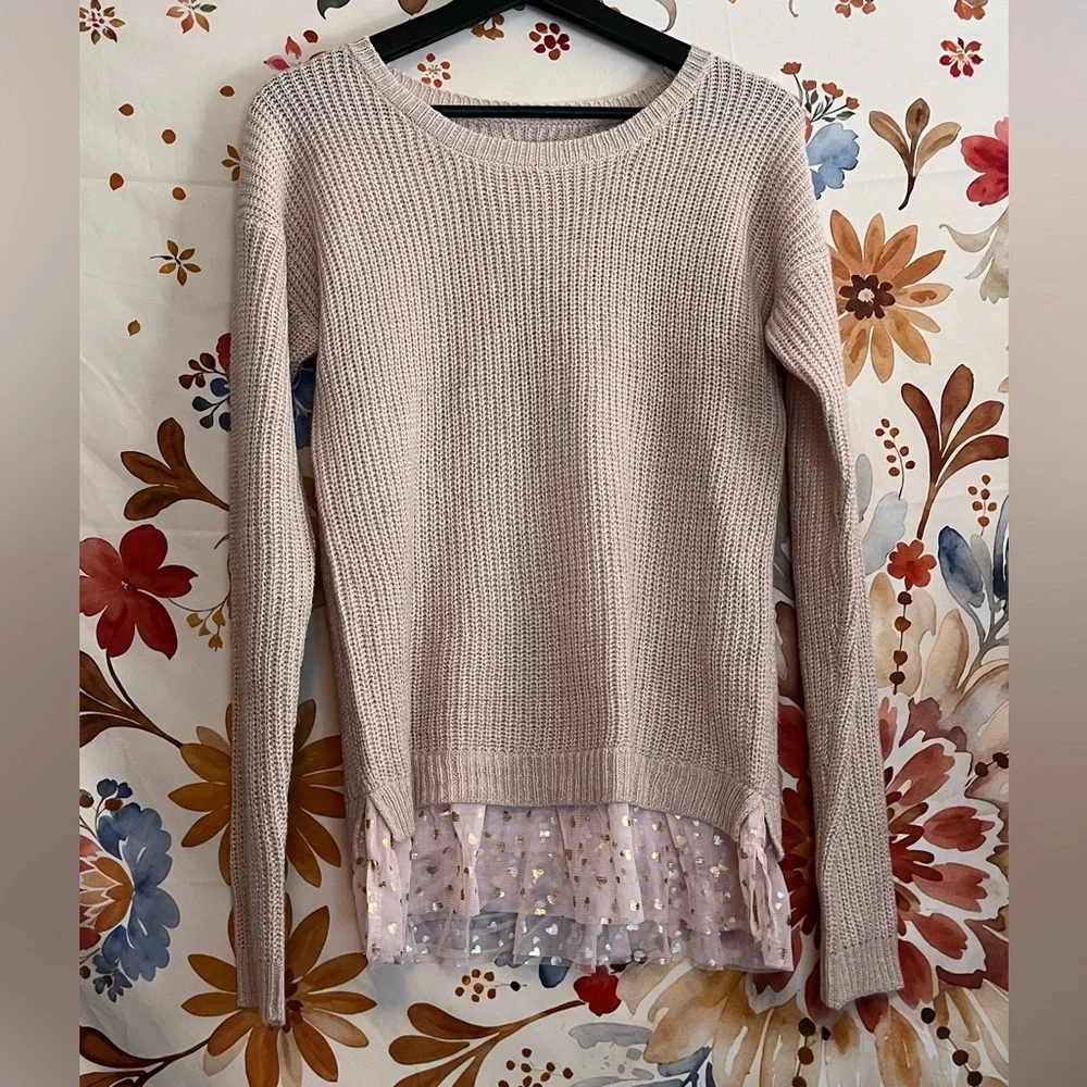 NWT SO Girls XL/16 Pale Pink Gold Heart Ruffle Hem Fall Winter Valentine Sweater